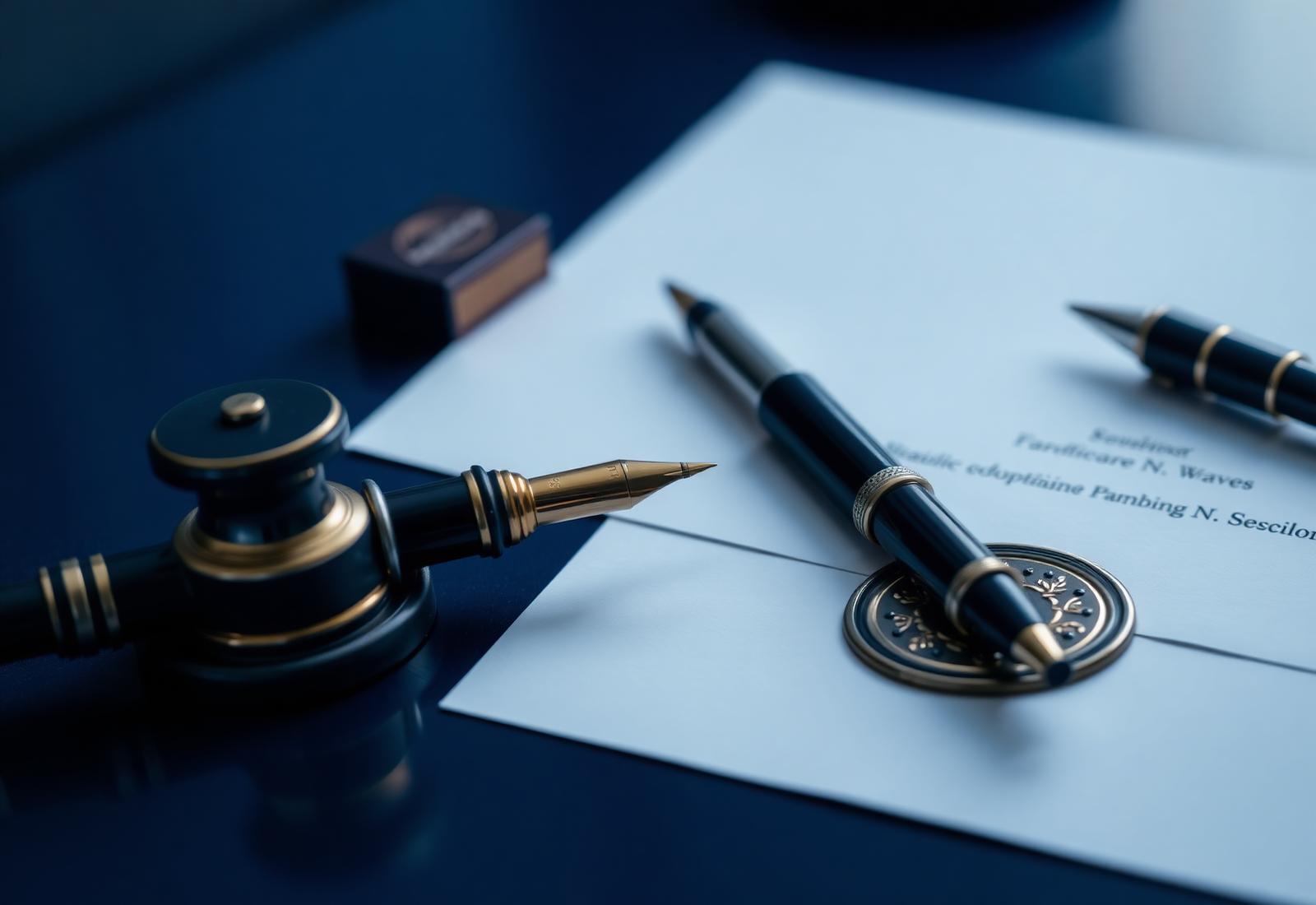 Notary seal, fountain pen and documents prepared for a professional signing